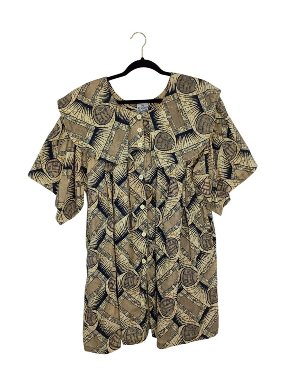 African Village Womens One Size Button-Front Ruffle Kaftan Dress Abstract Cotton